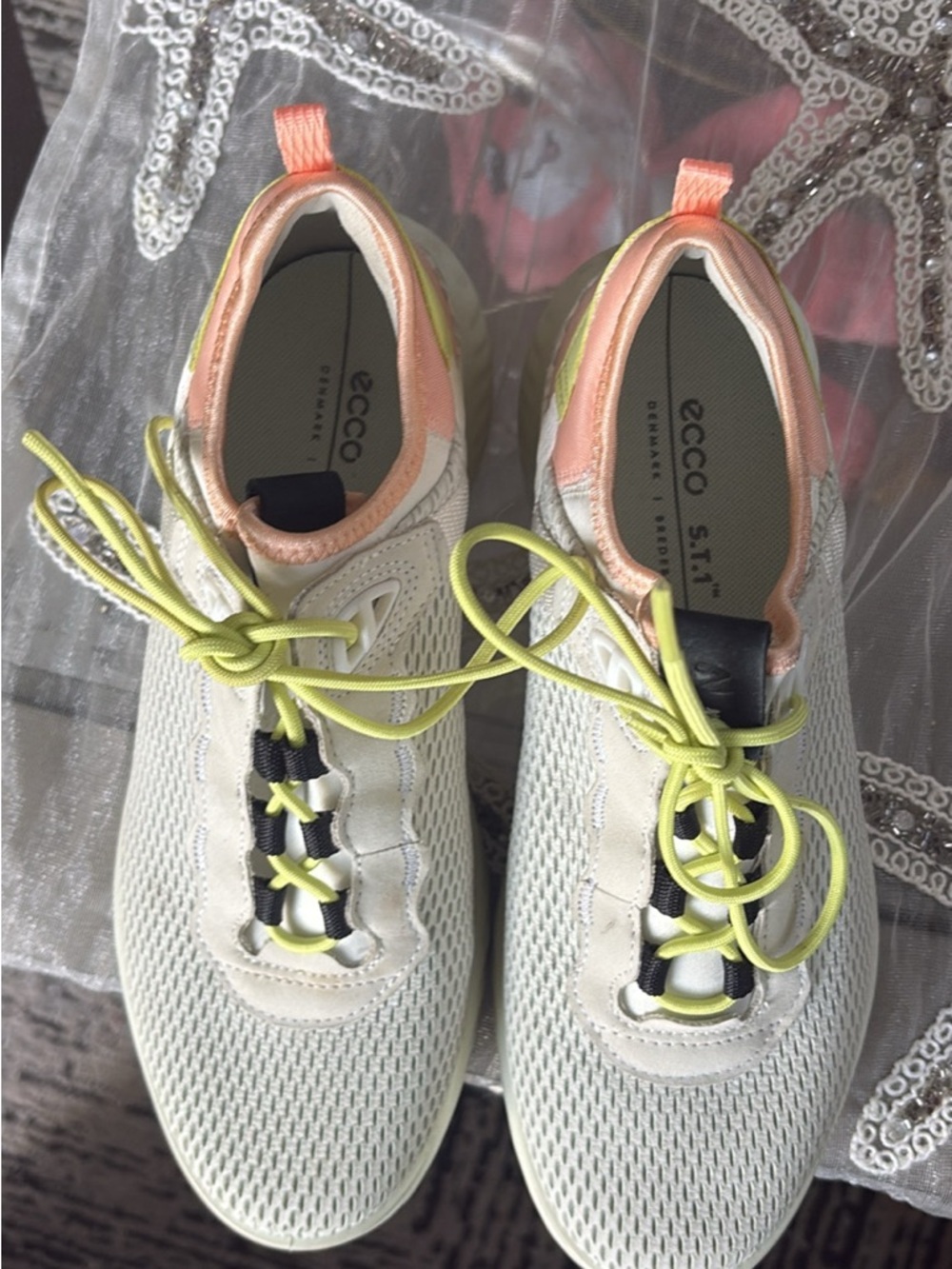 Ecco Women's Cream Mesh Sneakers with Neon Yellow Laces and Peach Trim